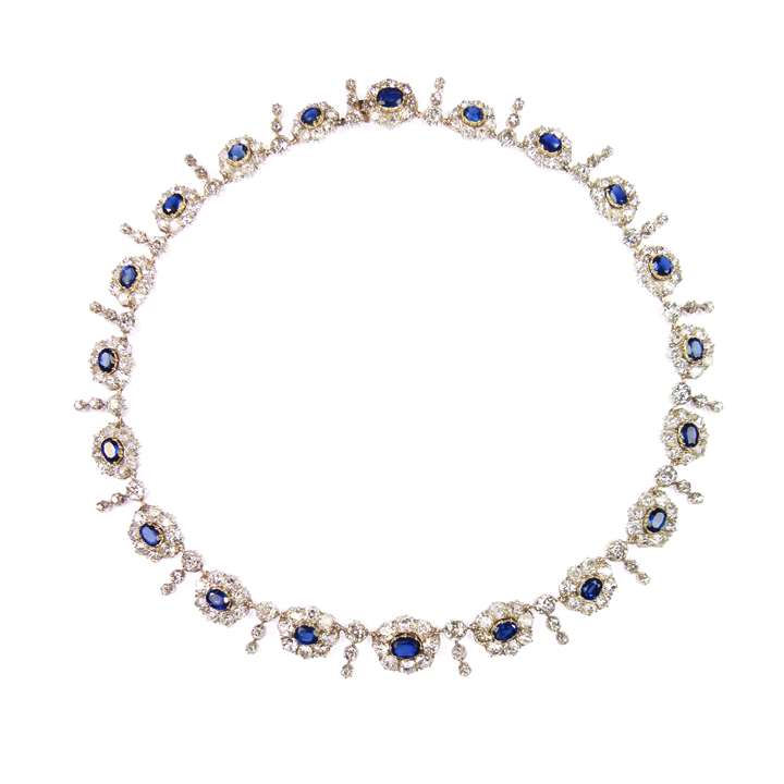 19th century sapphire and diamond graduated cluster necklace